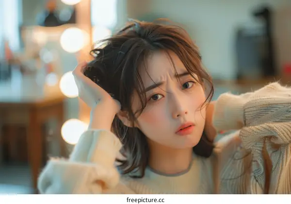 A young woman with short brown hair is looking at the camera with a puzzled expression on her face.