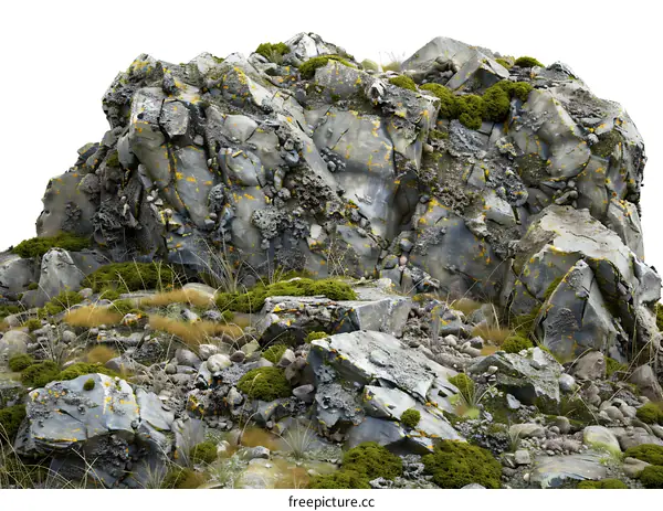 Close Up of Gray Rocks with Green Moss and Yellow Lichen
