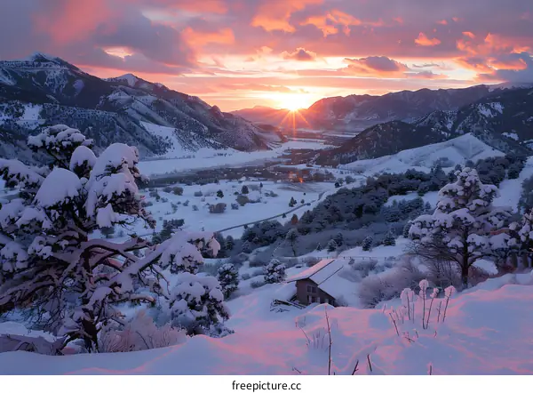 Snowy Mountain Landscape with Pink Sunset