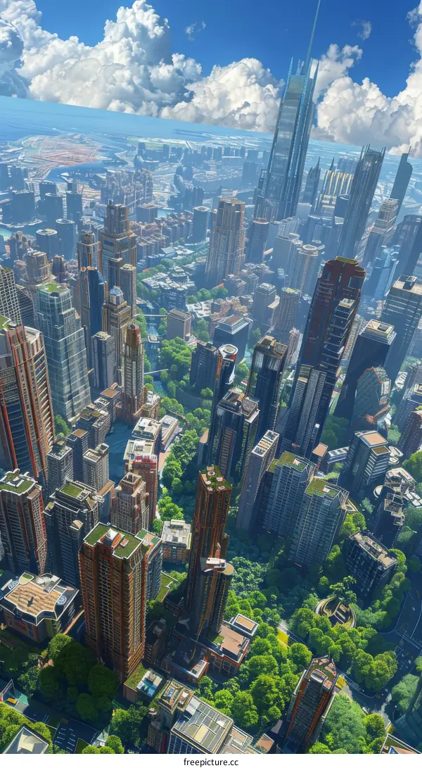 Aerial View of a Modern Cityscape with Lush Greenery