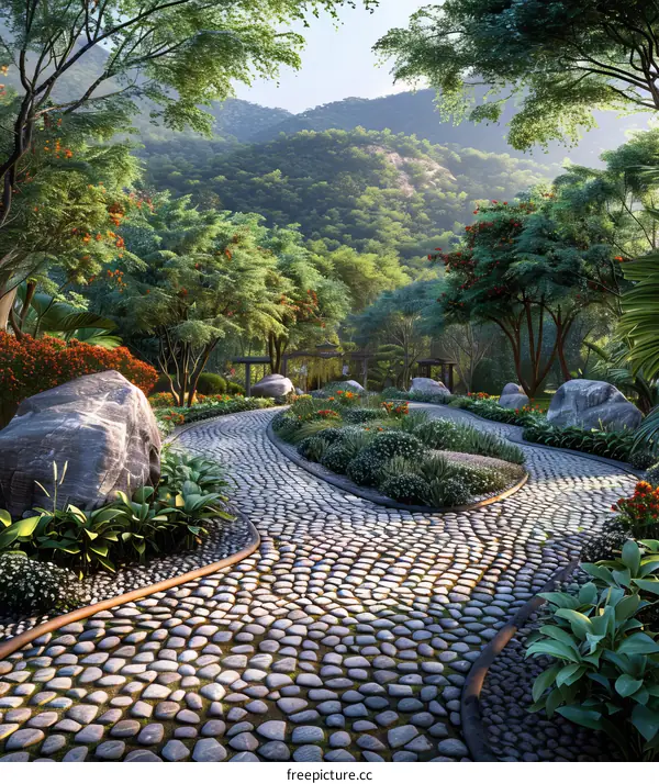 Serene Mountainside Garden Path Illustration