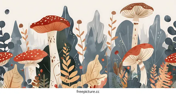 Red and White Mushrooms in a Forest Illustration