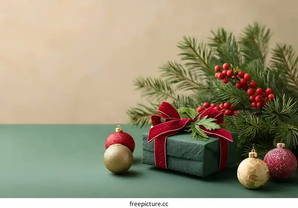 Christmas Gift Decorated with Fir Branches and Ornaments
