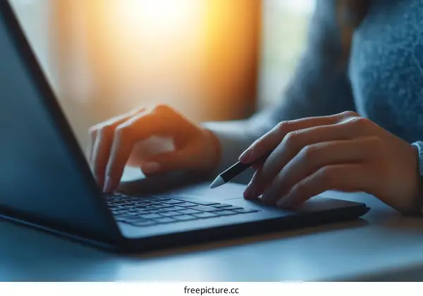 Woman Working on Laptop with Stylus