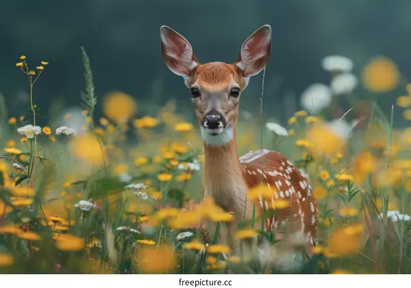 An adorable baby deer standing in a field of yellow wildflowers