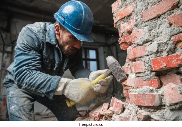Construction Worker Demolishing a Brick Wall