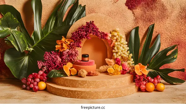 Tropical Flowers and Fruit with Cream Jar