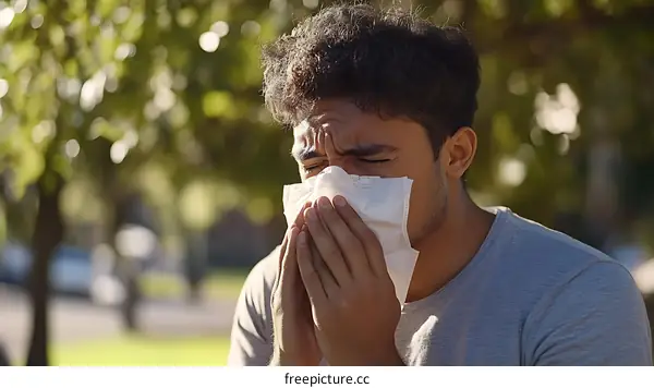 Man Blowing His Nose in Park