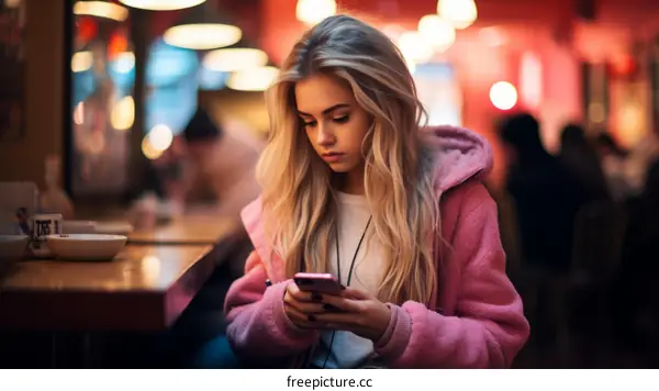 Young woman in a pink coat looking at her phone