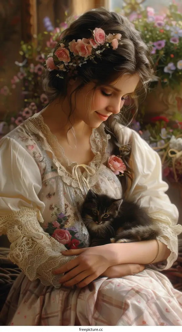 Beautiful Woman with a Kitten in Vintage Style