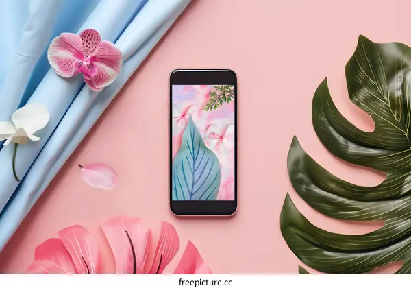 Pink And Green Flowers On Smartphone Screen