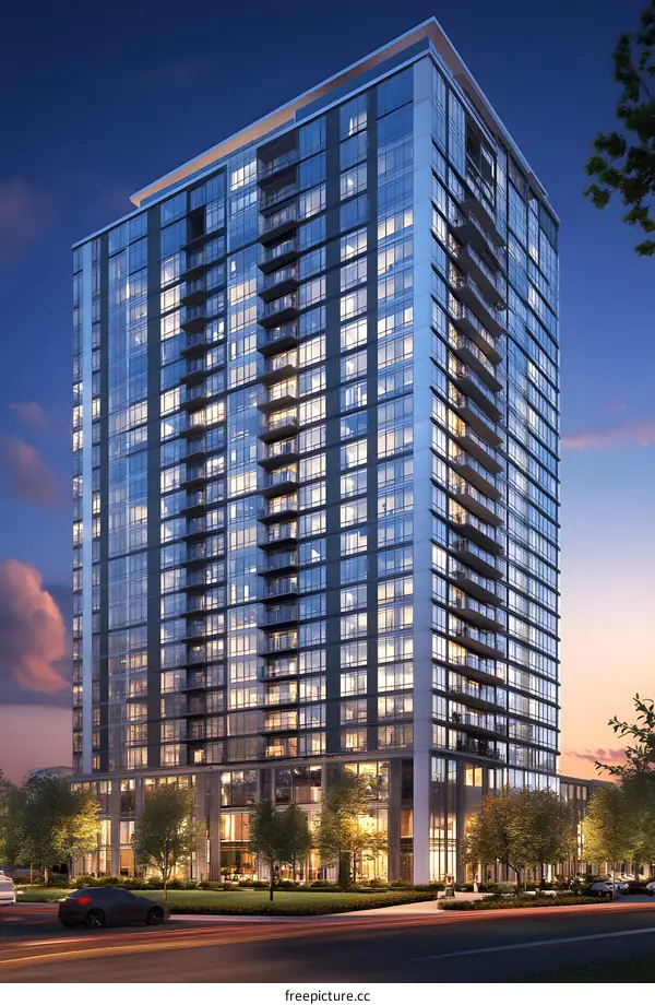 Modern Glass Building With Street View At Dusk