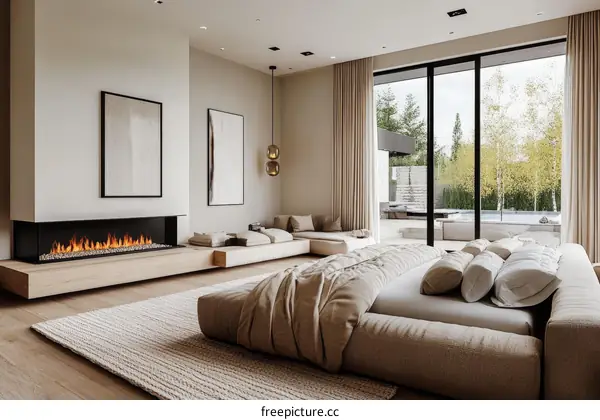 Modern Minimalist Master Bedroom with Fireplace and Patio Views