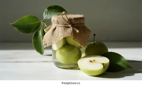 Fresh Green Apples in Glass Jar with Leaves on White Table