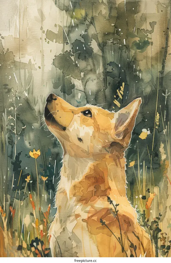 A watercolor painting of a dog looking up at something off-camera