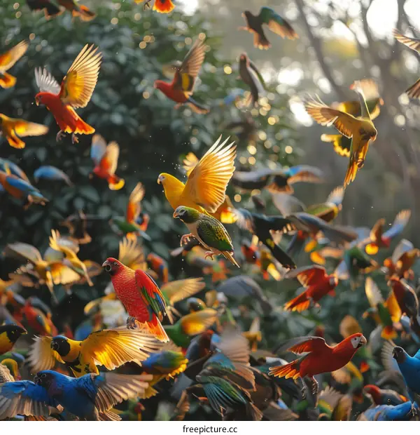 Colorful Parrot Flock Flying in Rainforest Canopy