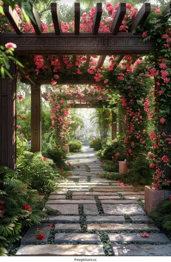 Ornate Pergola Garden Path with Abundant Blooms