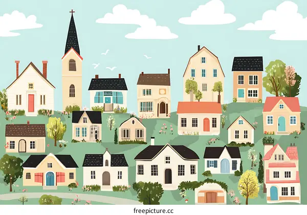 Cartoon Illustration Of A Small Town With Houses And A Church