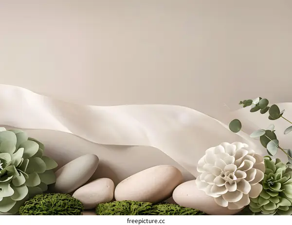 Elegant Minimalist Background with White Silk Ribbon and Green Plants