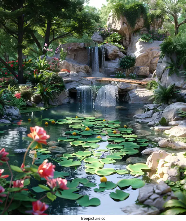 Tranquil Mountain Garden with Water Features and Zen Design