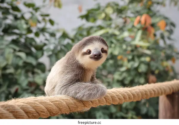 Cute Sloth on a Rope in a Garden Setting