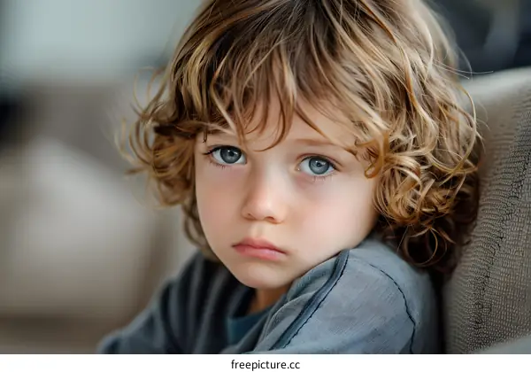 Portrait of a cute caucasian boy with curly blond hair and blue eyes looking at the camera with a serious expression