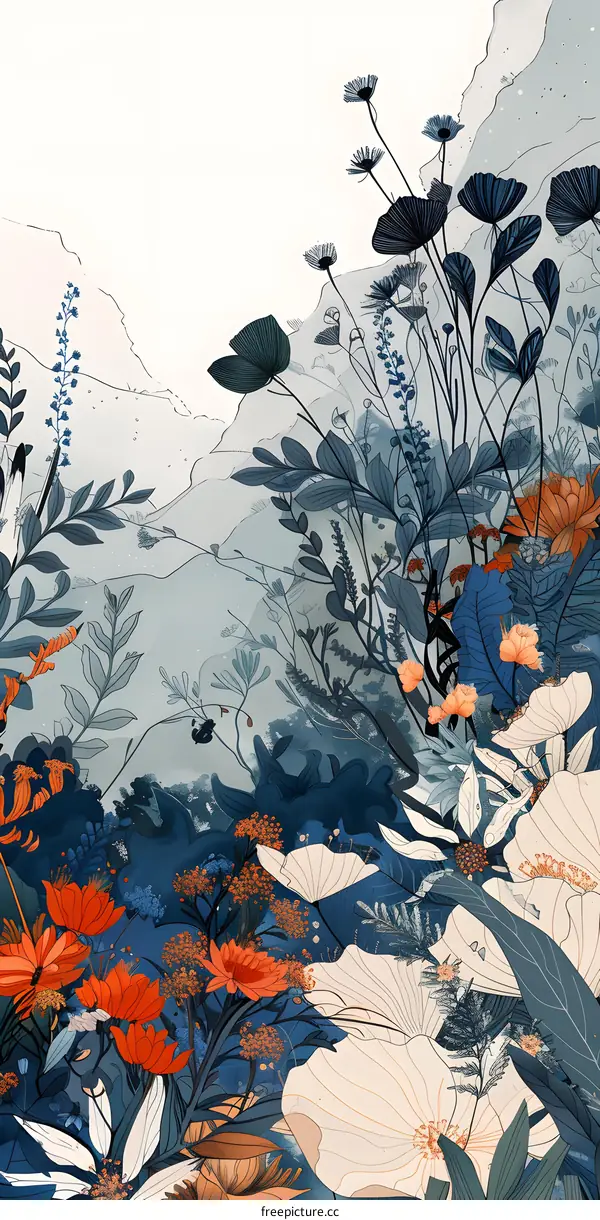 Watercolor Painting of  Flowers and Leaves in Blue, Green, and Orange