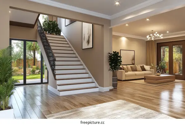 Modern Elegant Interior Design with Wooden Staircase