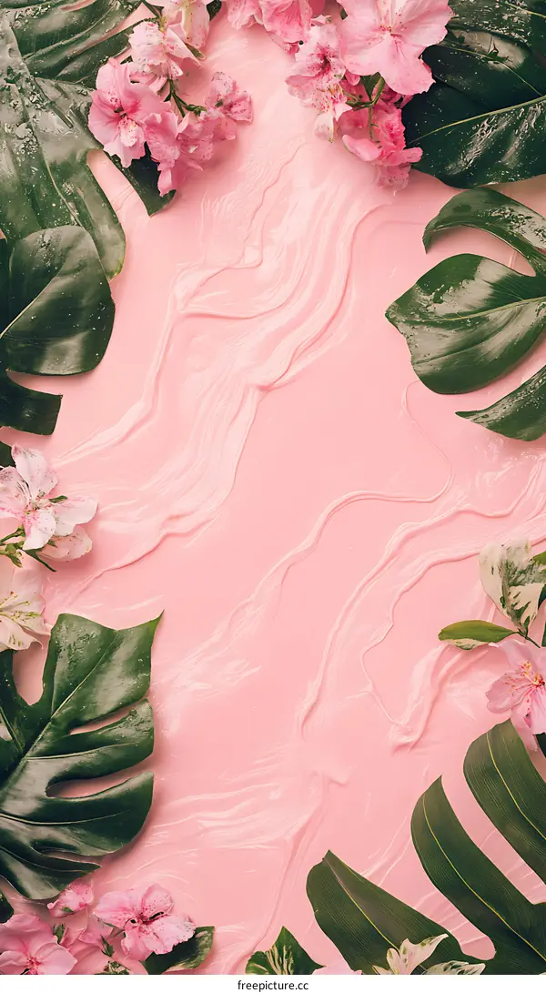 Pink and Green Tropical Leaves Floral Background