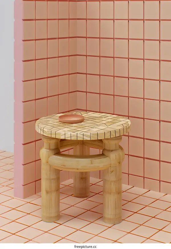 Wooden Stool with Geometric Design on Top in Corner of Tile Room
