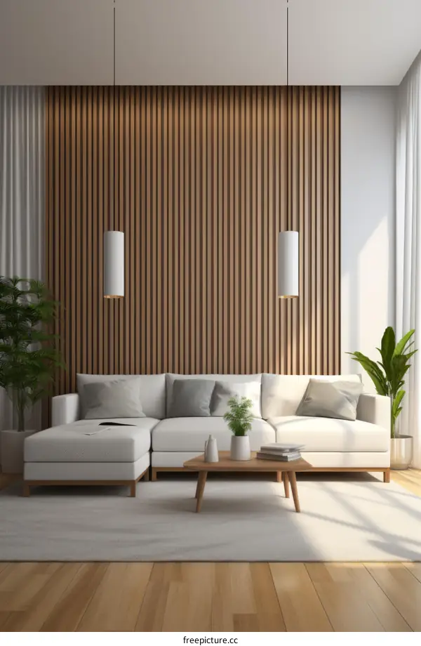 Minimalist Living Room with White Sofa and Wood Slat Wall