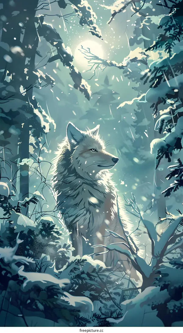 Wolf Standing in a Snowy Forest