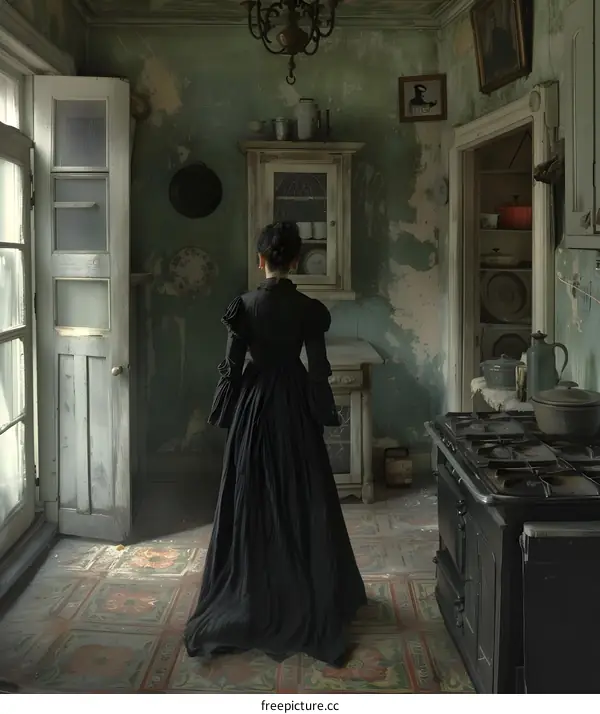 Woman in Black Dress Standing in Abandoned Kitchen