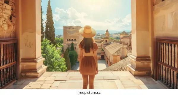 Young woman in a brown dress and a straw hat looking at the Alhambra in Granada, Spain