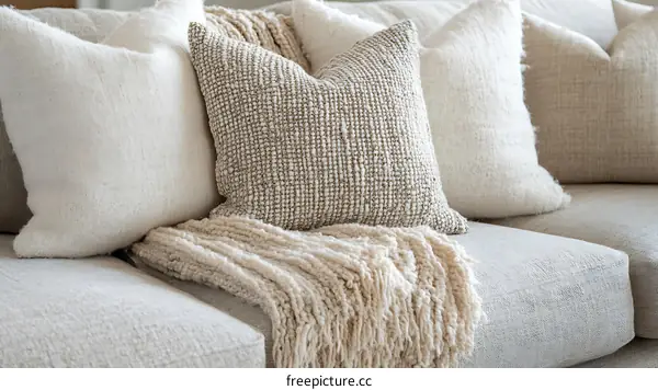 Beige Sofa Cushions and Throw Blanket