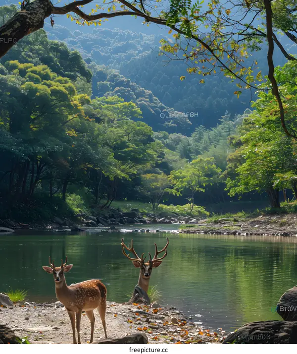 Two Deer Standing By A Lake In A Forest