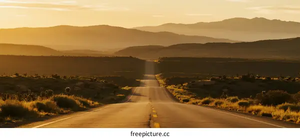 A long road stretching into the distance under the golden sunset