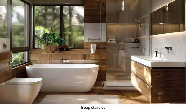 Luxury bathroom with large bathtub and wooden wall paneling