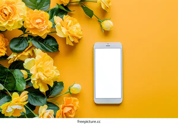Yellow Flowers and Smartphone on a Yellow Background