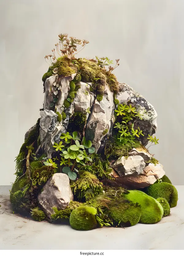 Moss Covered Rock Formation with Tiny Plants
