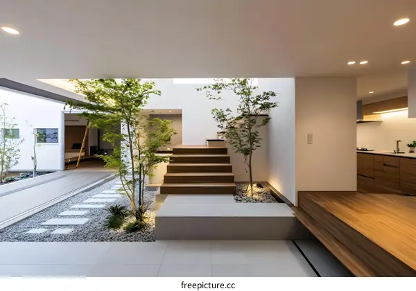Modern Japanese Home with Interior Courtyard and Wooden Staircase