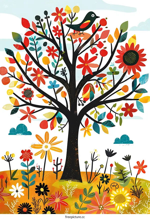 Colorful Tree Illustration with Flowers and Birds