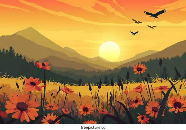 Sunset Mountain Landscape with Orange Flowers