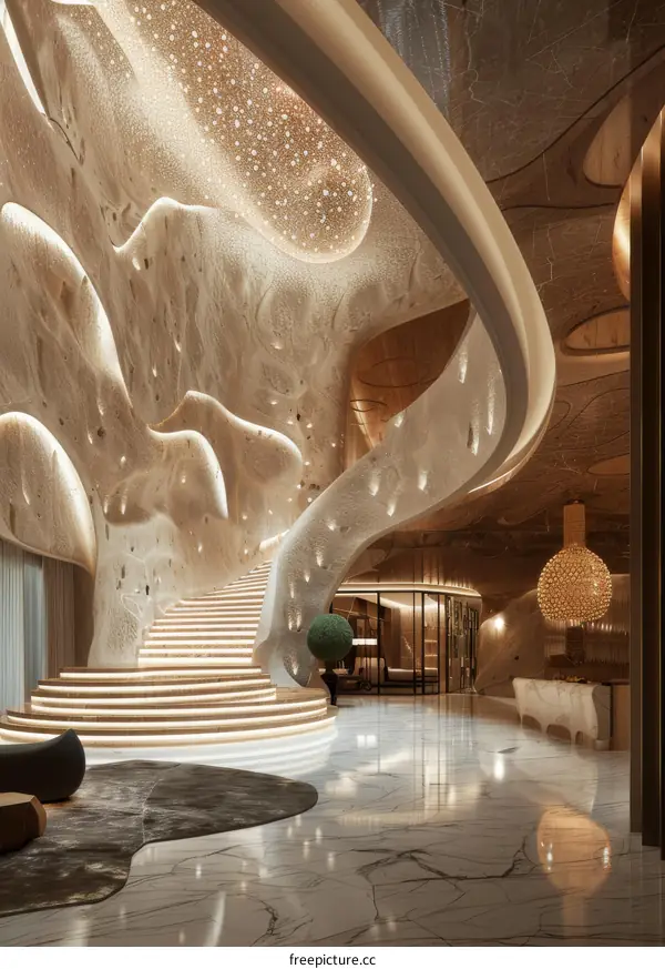 Modern Hotel Lobby Interior with Staircase and Chandelier