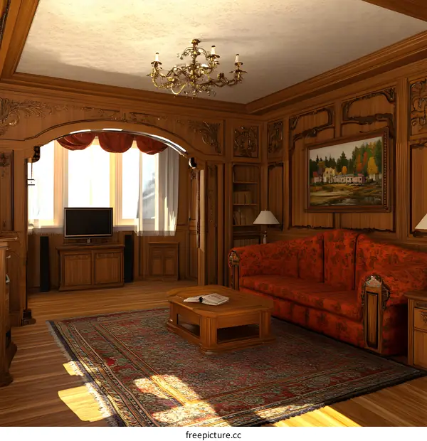 Wooden Interior Design with Chandelier and Sofa