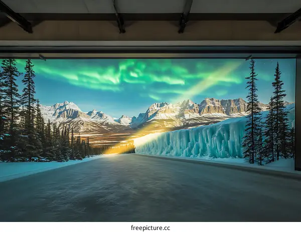 Northern Lights Displayed Over Snowy Mountains and Ice Wall