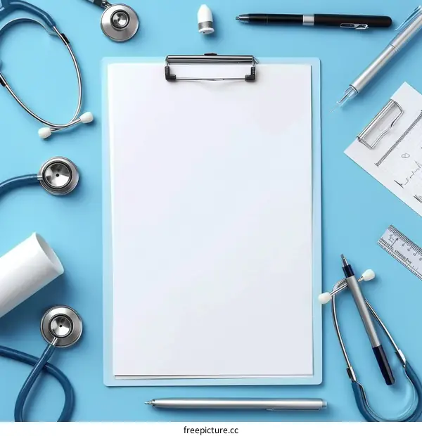 Medical Desk with Clipboard and Instruments