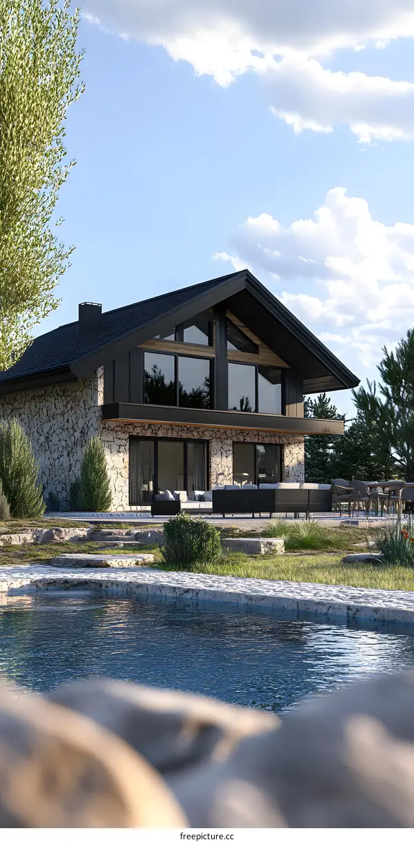 Modern Stone House with Pool and Large Windows