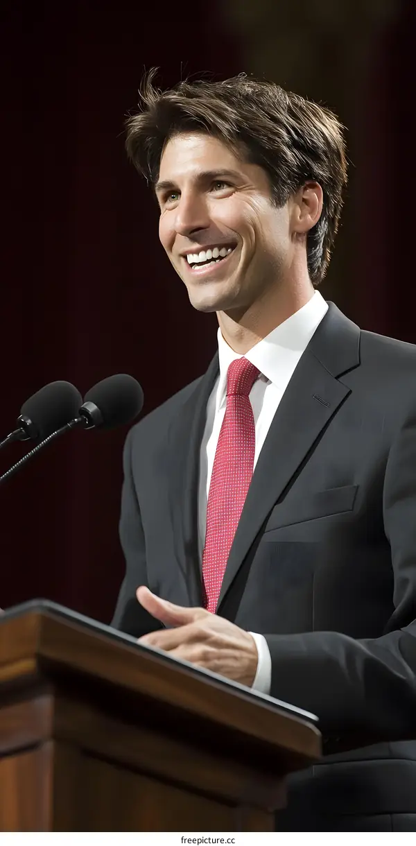 Man Giving a Speech at a Podium with a Red Tie