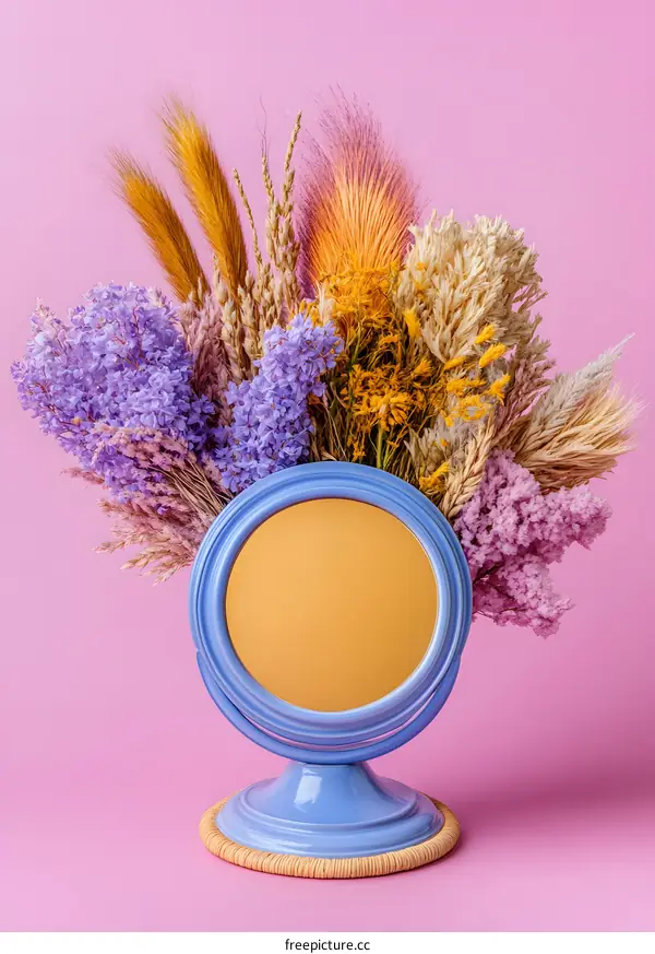 Blue Mirror with Dried Flowers on Pink Background